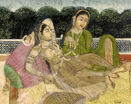 A Lady and attendant on a terrace at evening with three women musicians (détail)