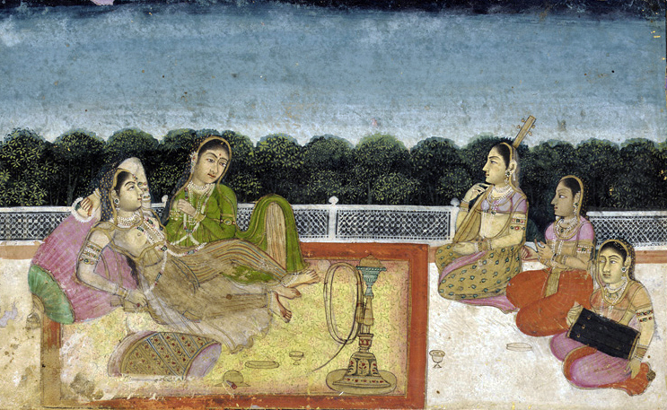 A Lady and attendant on a terrace at evening, with three women musicians